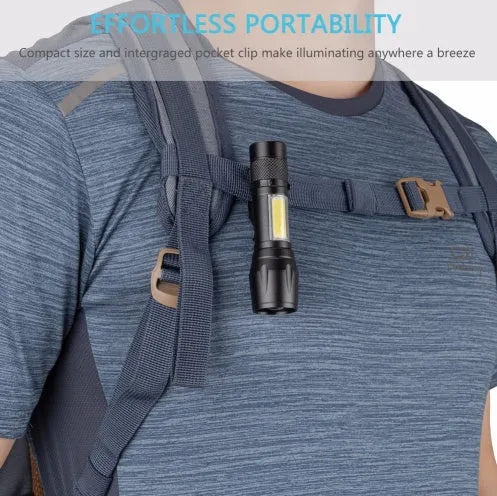 Mini black aluminium LED torch with telescopic zoom and clip for carrying