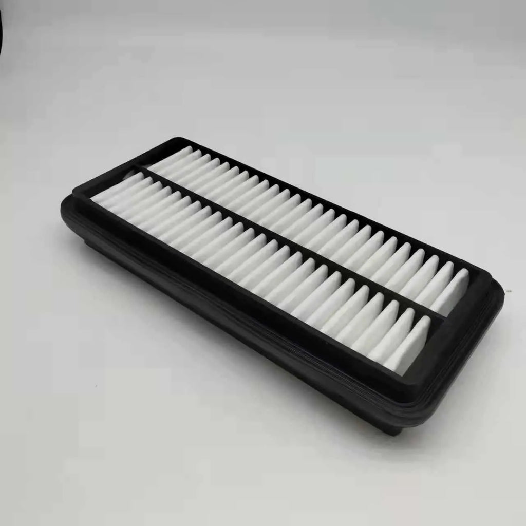 Black polymer car air filter for Hyundai vehicles measuring 256mm x 113mm x 40mm