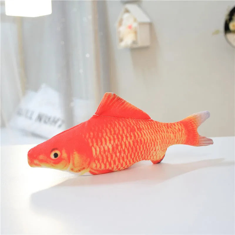 Electric jumping fish simulation cat toy showing multicolor options and USB charging cable.