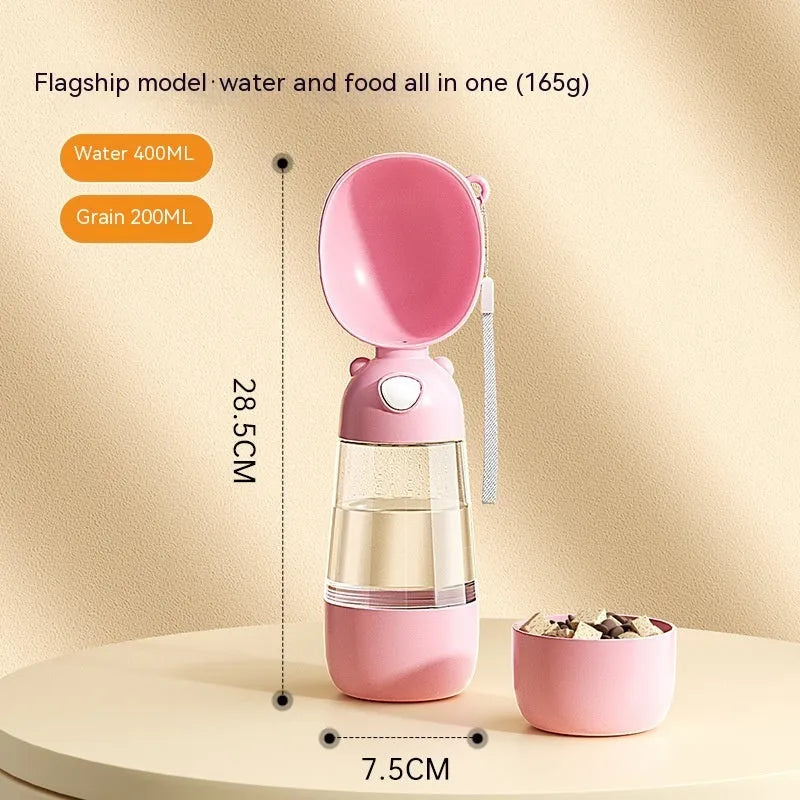 Portable dog water bottle with attached feeding bowl in yellow, pink and brown colour options