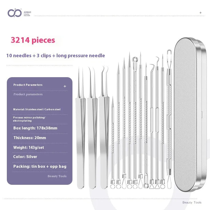 Four silver metal acne needles with pointed tips laid out on a flat surface.