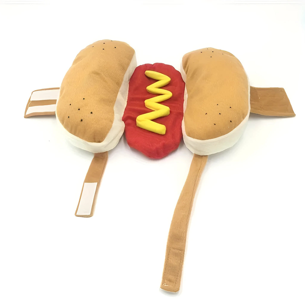 Brown and beige hot dog costume on a Dachshund dog, showing sausage-shaped design with warm lining.