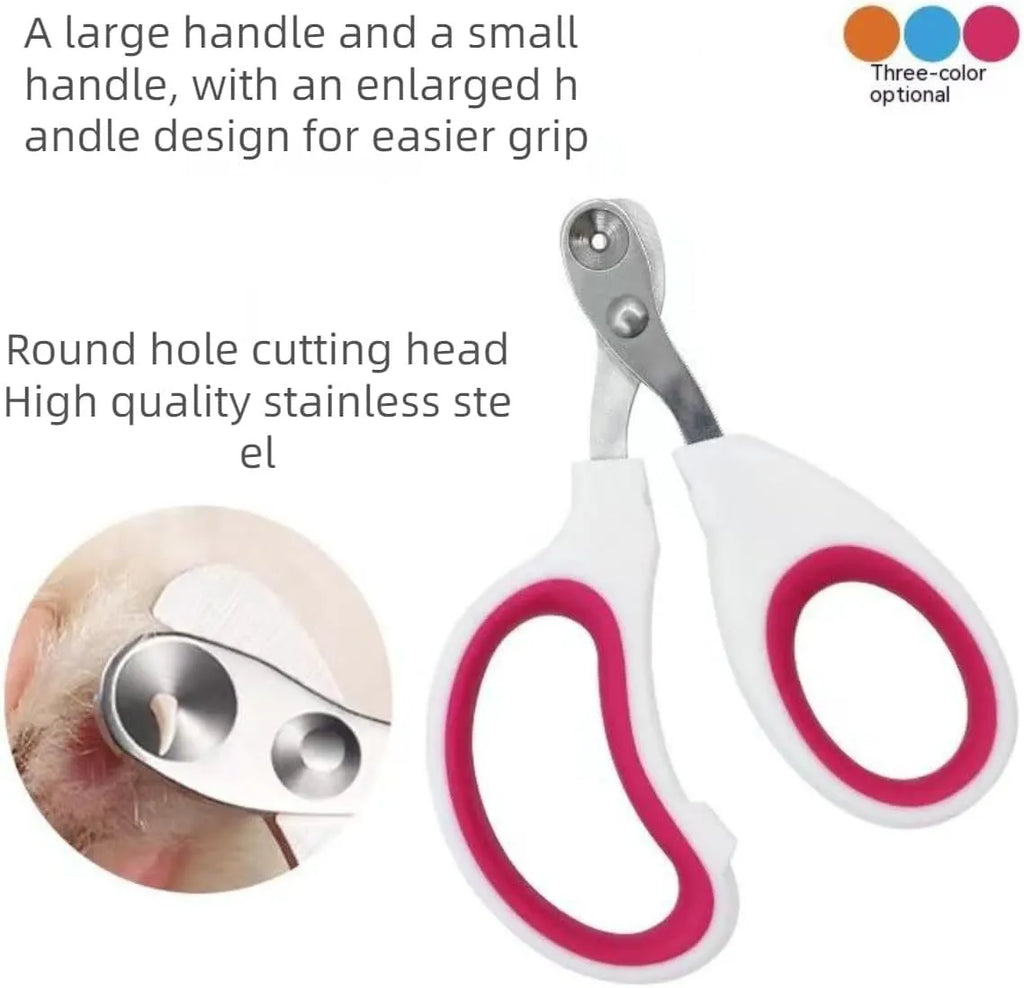 Blue cat nail clippers with a circular cutting hole and cushioned non-slip handle on a white background.