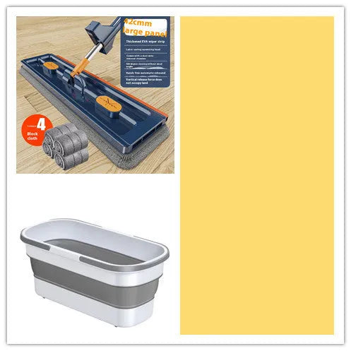 Large flat mop with long stainless steel handle and blue cleaning cloth on a hard floor.
