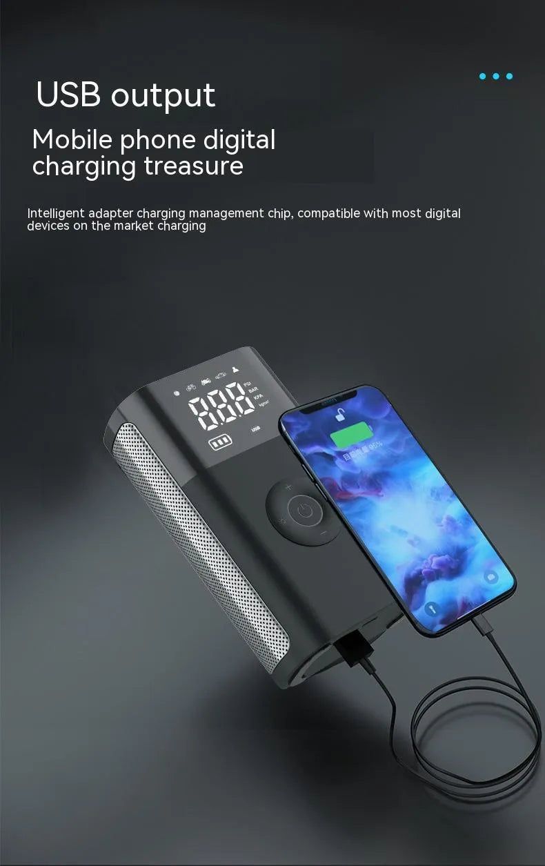 Wireless handheld digital display air pump with LED light and various nozzle attachments on a grey background.