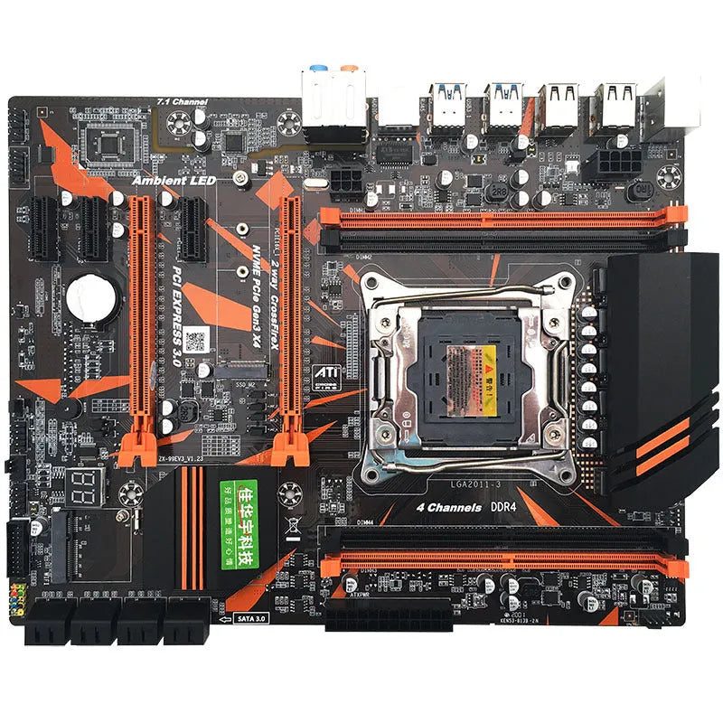 Black X99 ATX motherboard with LGA2011-3 socket, four DDR4 slots, dual PCI-E x16 slots, and heatsink array