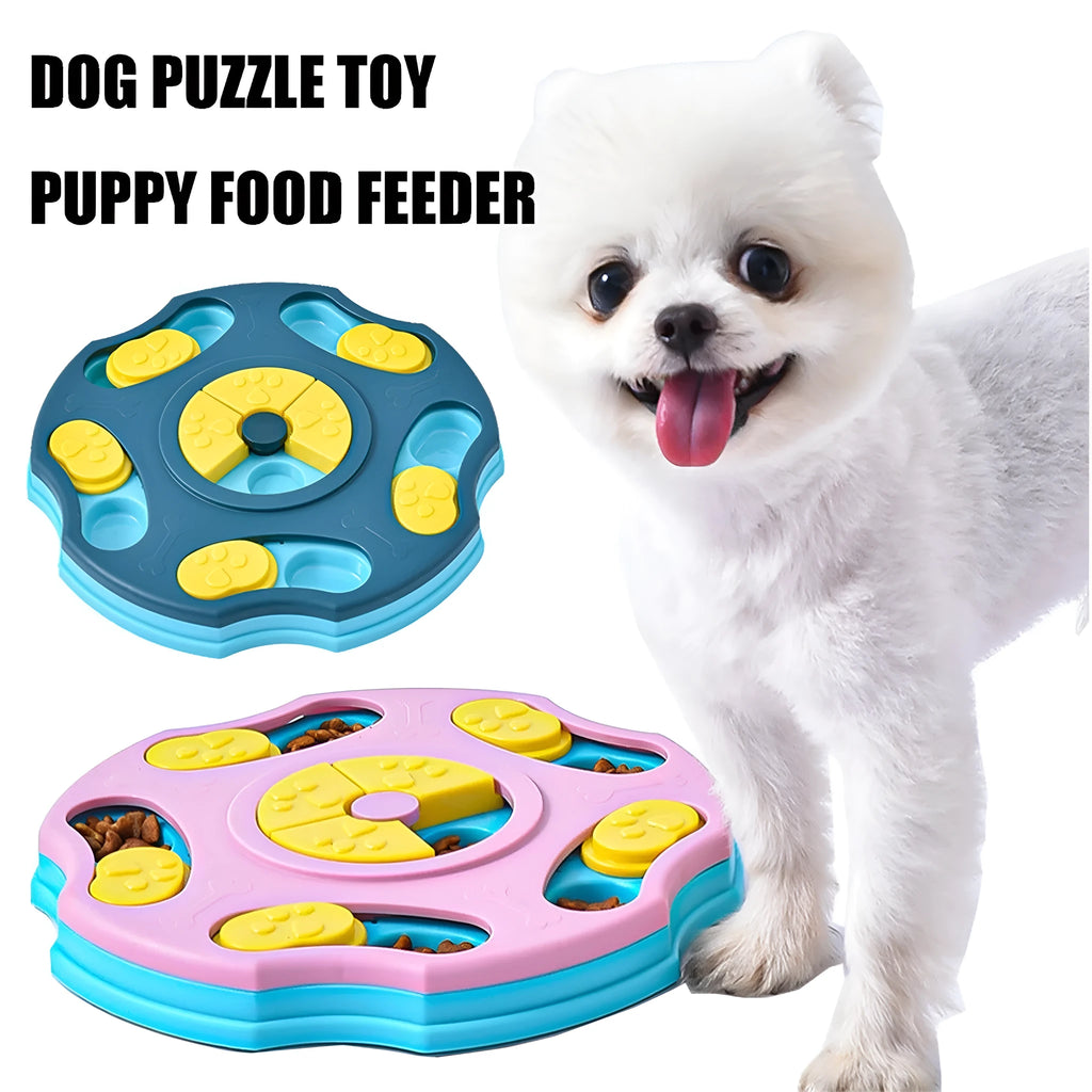 Blue dog puzzle feeder bowl with food compartments for interactive feeding games