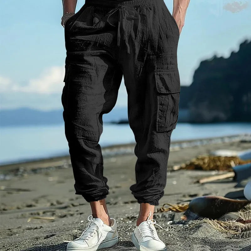 Men's ankle-tied linen casual trousers with multi-pocket tether in loose fit