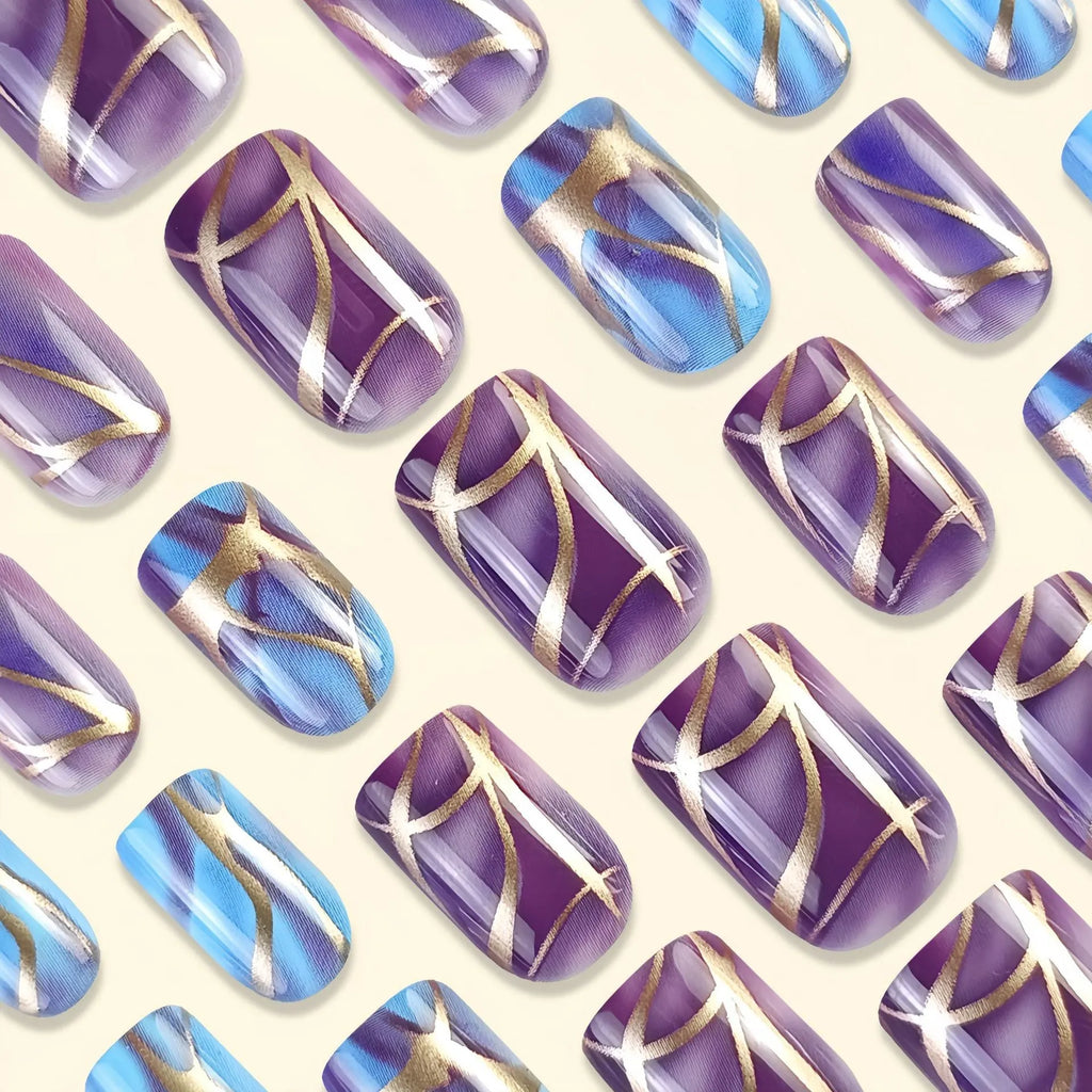 Mid-length purple striped nail stickers in European and American style