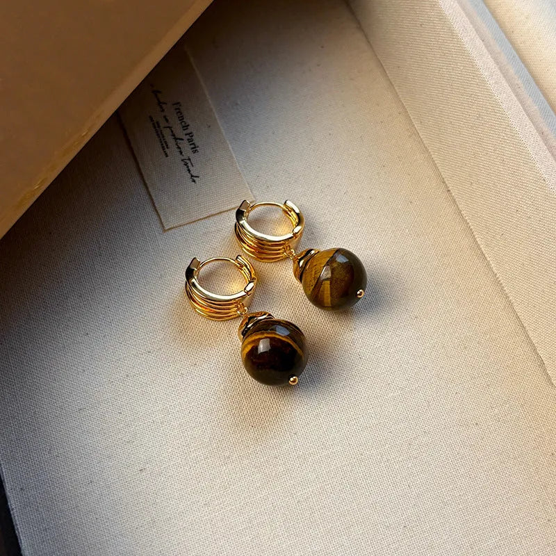 Tigereye geometric stud earrings with gold plating in brown and black colour options