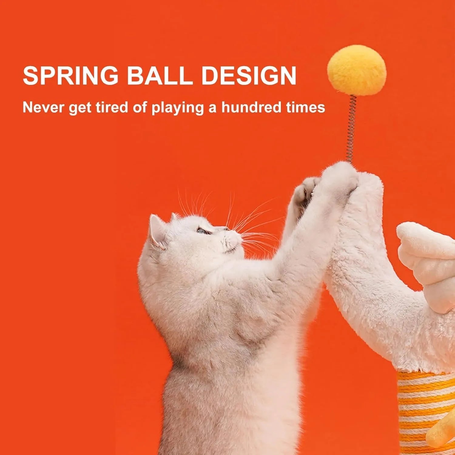 Yellow vertical cat scratching post with sisal wrapping and spring ball measuring 88cm tall