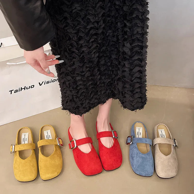 Women's flat closed toe half slippers in square head design with PU upper and rubber sole