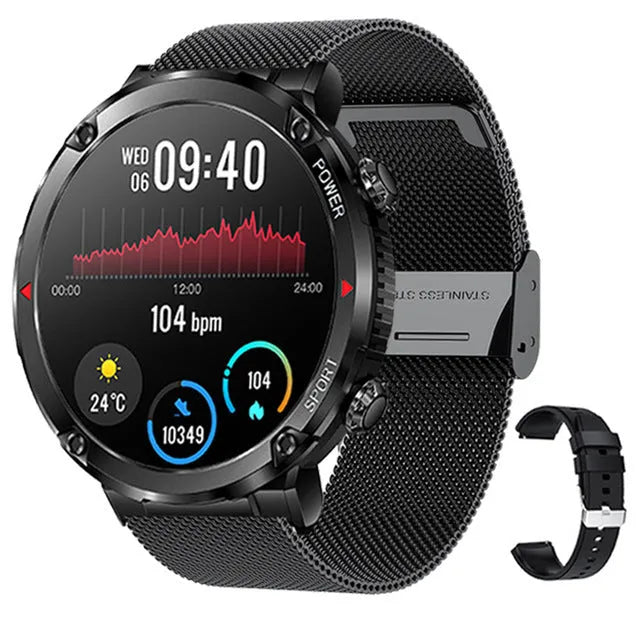 T30 Smart Watch in black on wrist showing display with health stats.