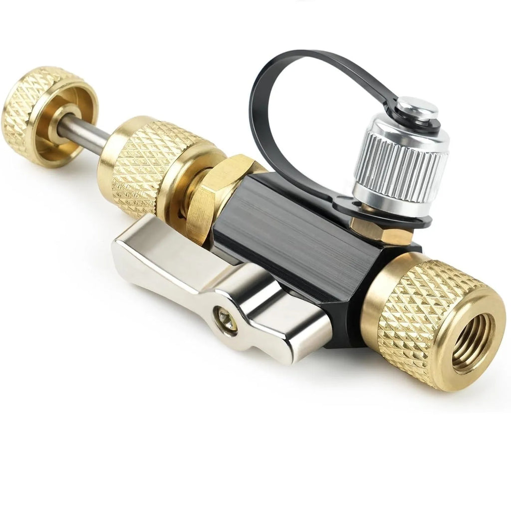 Bicycle tyre valve core disassembly tool set with black and pink removers and a small wrench.