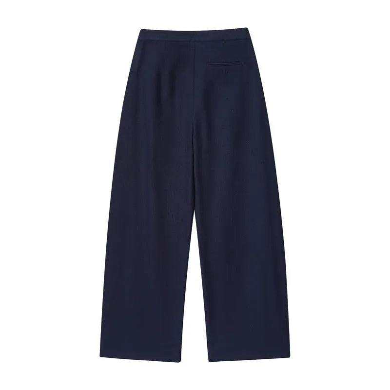 Women's linen blend off-neck shirt with flounced sleeves and matching wide leg trousers set.