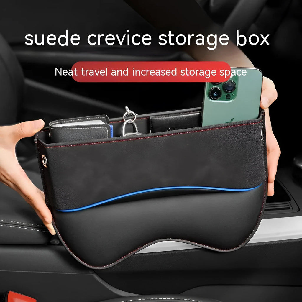 Leather car seat storage box in one of five colours: black, brown, beige, green, or red.