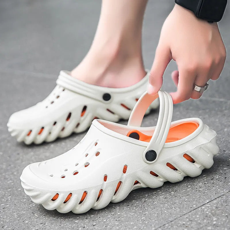 Men's beige EVA outdoor slipper sandals with hole pattern design and non-slip sole