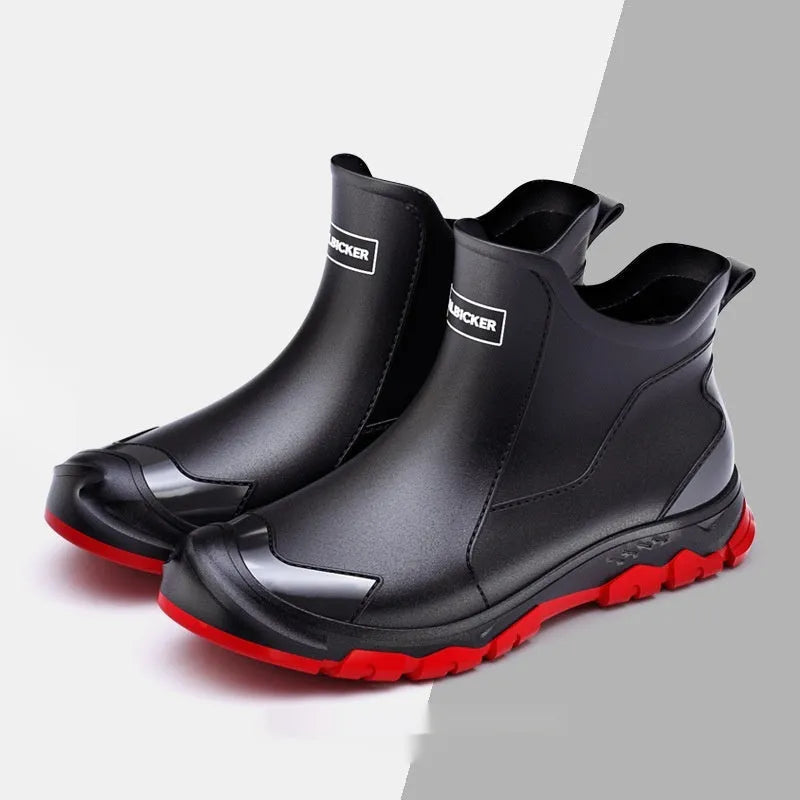 Men's short casual rubber boots in beige with a flat non-slip sole, shown on a plain background.