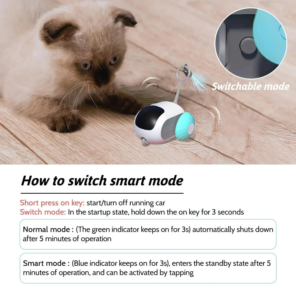 Blue remote controlled smart cat toy car with feather teaser attachment on hard floor