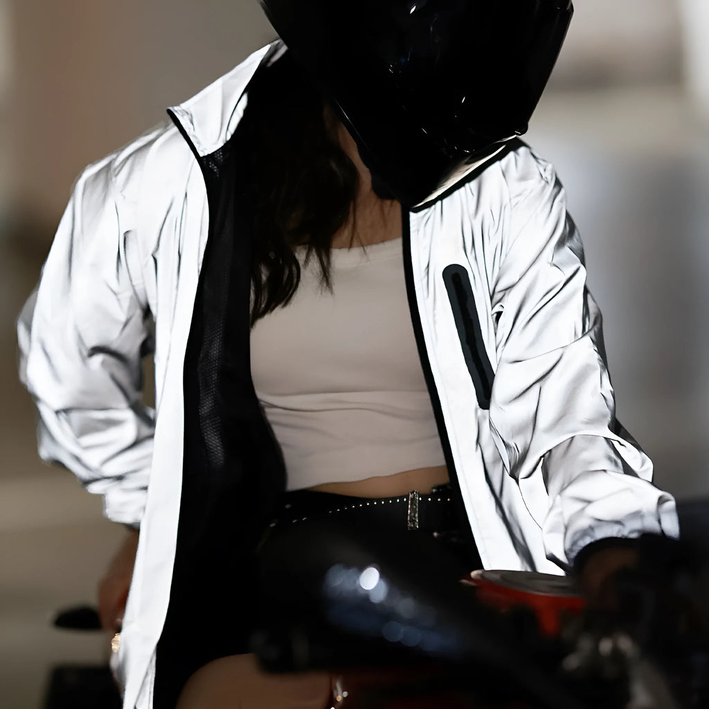 Silver waterproof polyester long sleeved windproof coat showing front design.