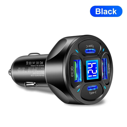 66W car charger with digital display showing 2 USB ports and 2 Type-C ports for vehicle charging