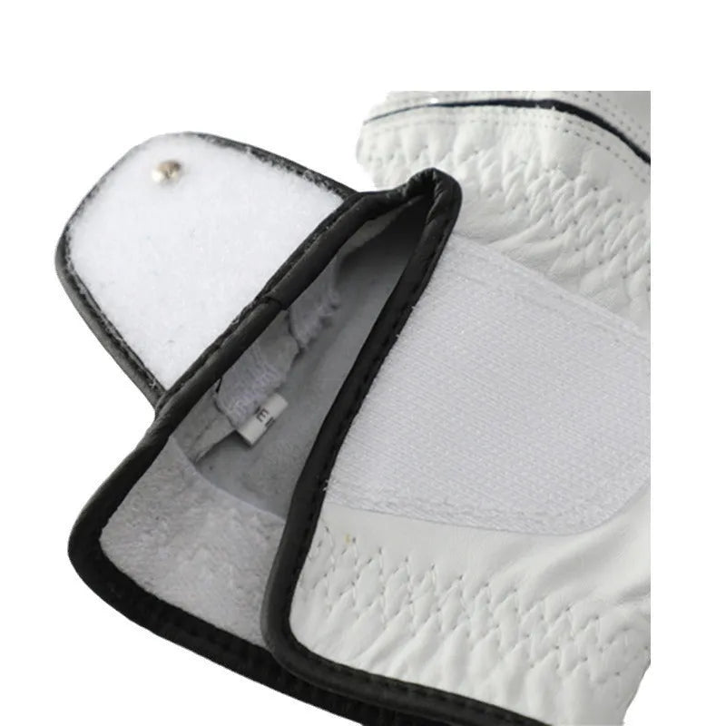 White half sheepskin golf glove for men showing non-slip palm surface