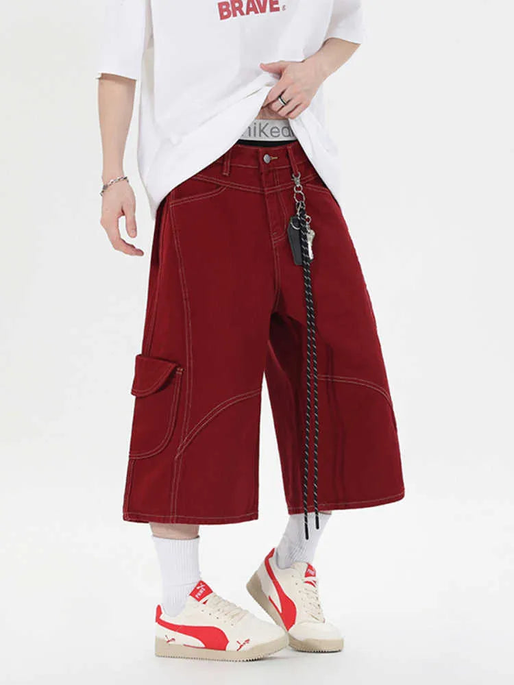 Retro denim workwear shorts with multiple pockets and wide leg trousers styling in black or red
