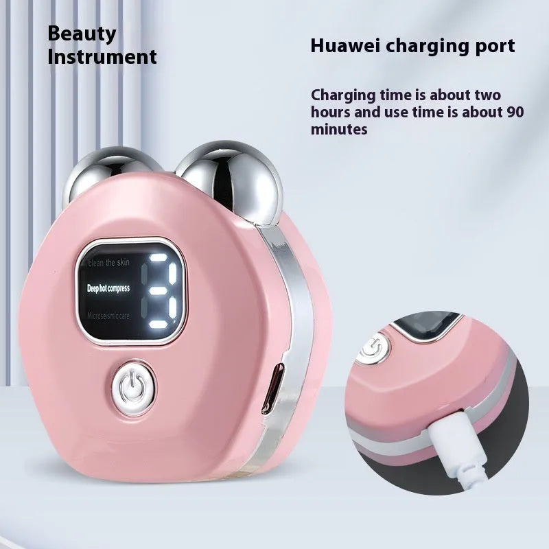 Portable hot compress charging massage instrument with micro current double rollers in white, light blue, or pink