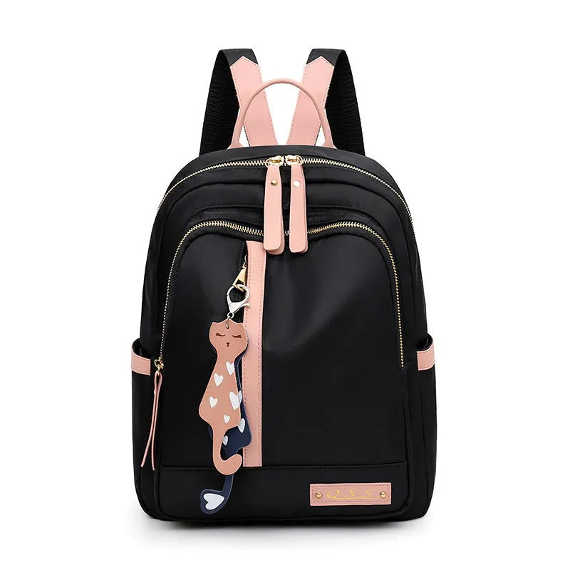 Women's black nylon casual backpack with multiple compartments and double shoulder straps