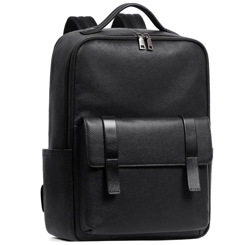 Men's large capacity leather computer backpack in black with woven detailing