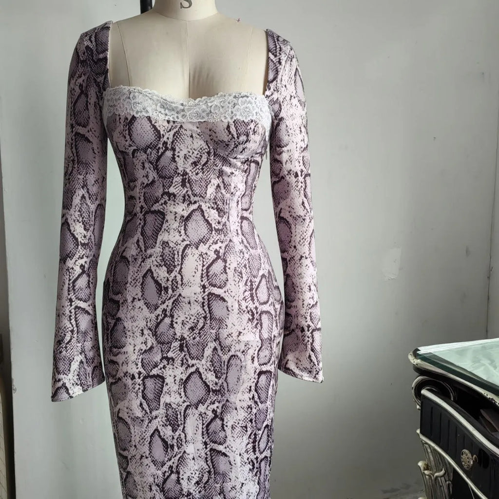 Grey slim fit lace dress with digital printed 3D pattern and A-line skirt design