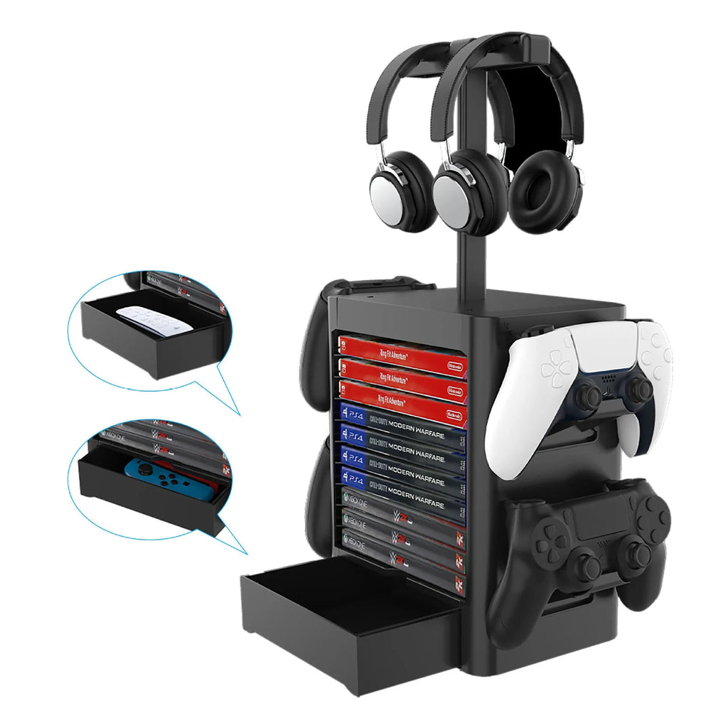 Black gaming storage rack with headphone holder, controller sides, and drawer for PS5 Xbox Switch accessories