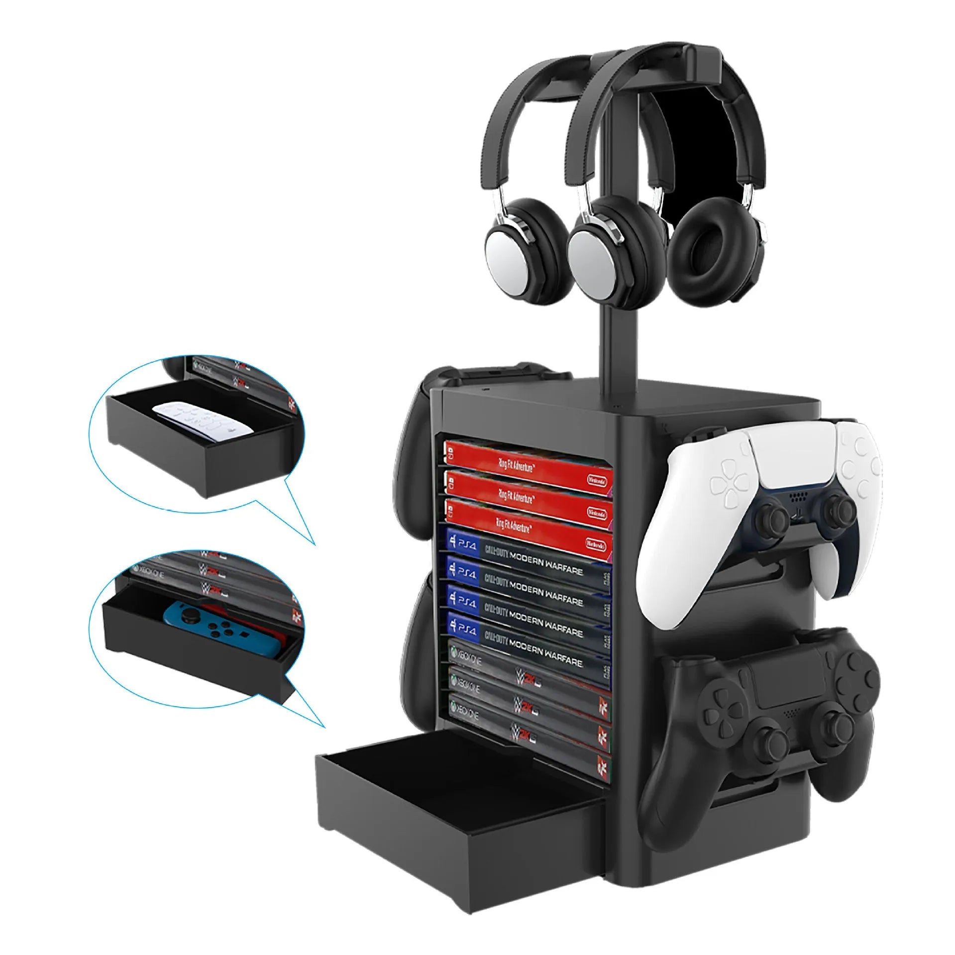 Black gaming storage rack with headphone holder, controller sides, and drawer for PS5 Xbox Switch accessories