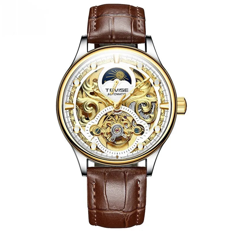 Men's gold leather strap automatic mechanical watch showing 16mm thickness and business design