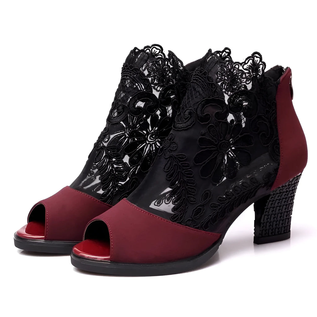 Lucyever women's black lace gladiator sandals with square heel and zip closure
