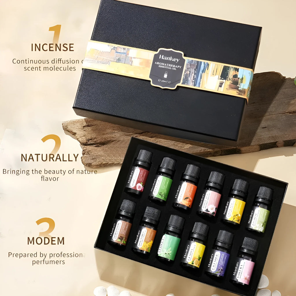 Boxed water-soluble aromatherapy essential oil set with multiple fragrance bottles