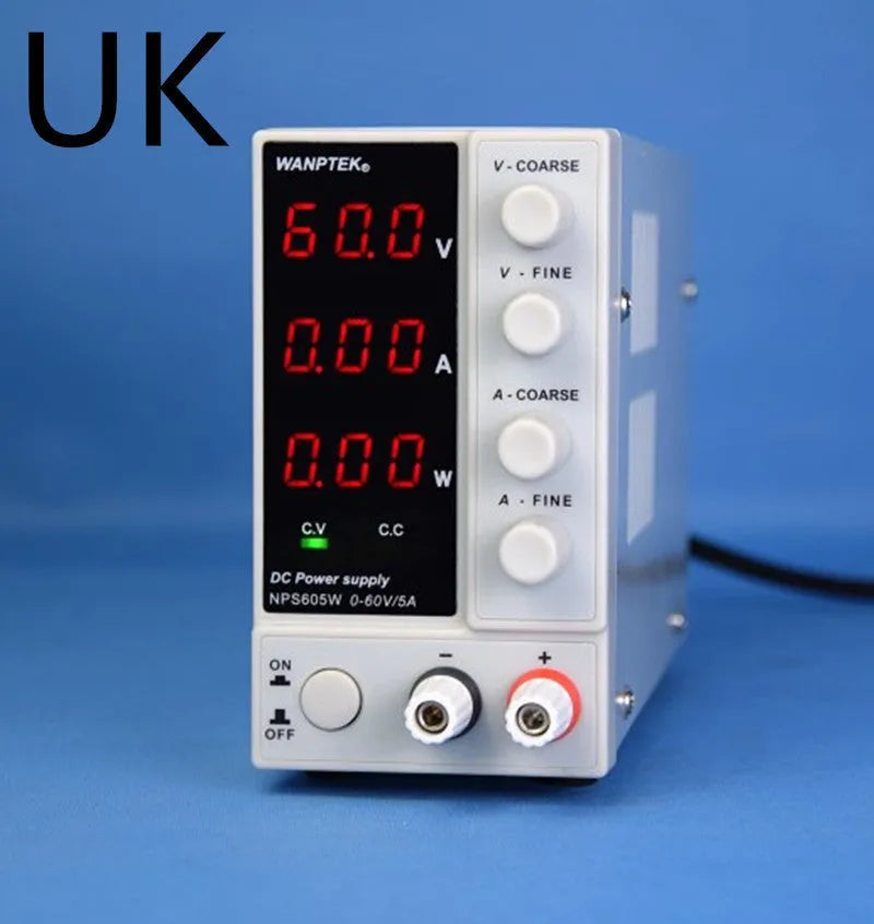 White S605W adjustable laboratory DC power supply with voltage and current control dials.
