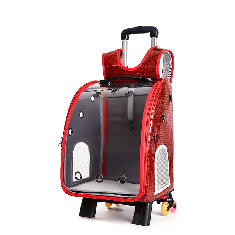 Transparent pet trolley bag with folding shoulder design in Oxford cloth with acrylic viewing cover