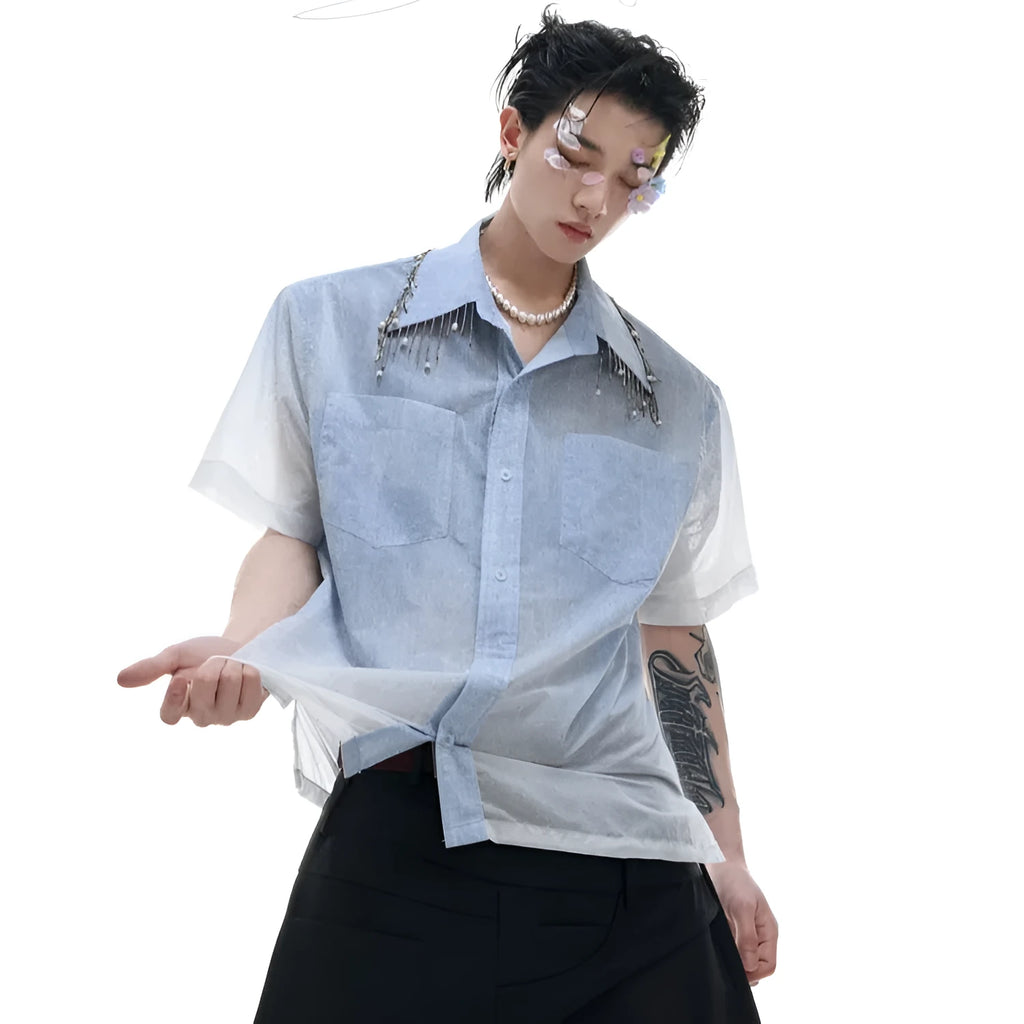 Blue and white gradient short-sleeve loose fit casual shirt for summer.