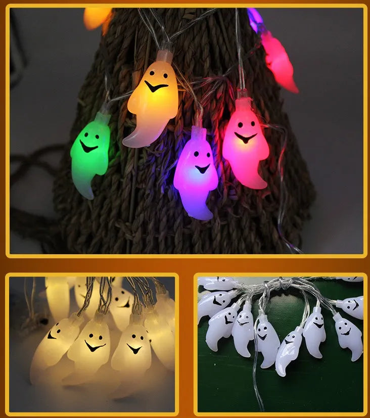 Halloween LED string lights with pumpkin, ghost, and bat pendants in multi-colour light mode