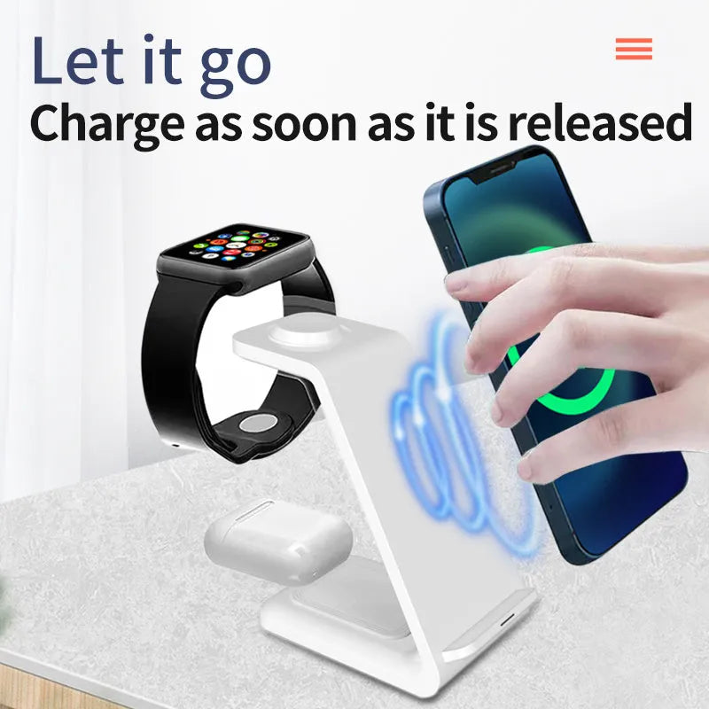 Black and white upright wireless phone charger with dual coil QC3.0 charging on desk