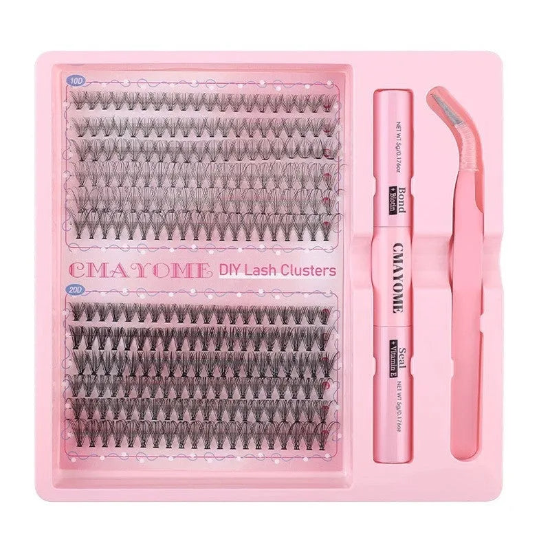 DIY single cluster individual false eyelashes set on white background, showing thick mixed split type artificial fibre lashes.