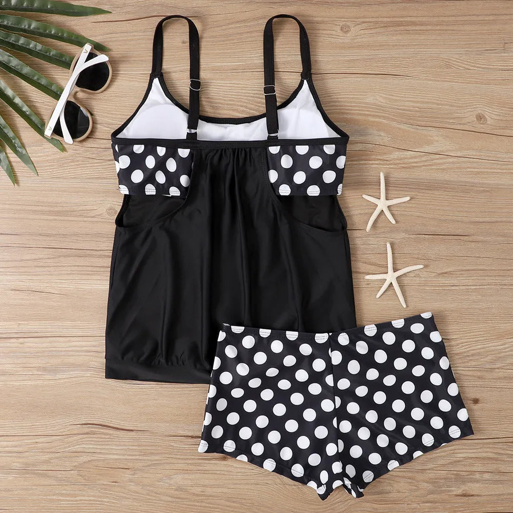 Women's polka dot boxer swimsuit with high waist briefs design in polyester fabric