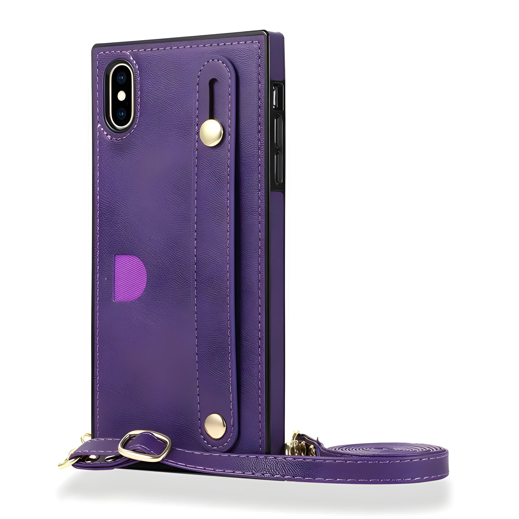 Leather iPhone case with a wristband strap and card slot, shown in multiple colours.