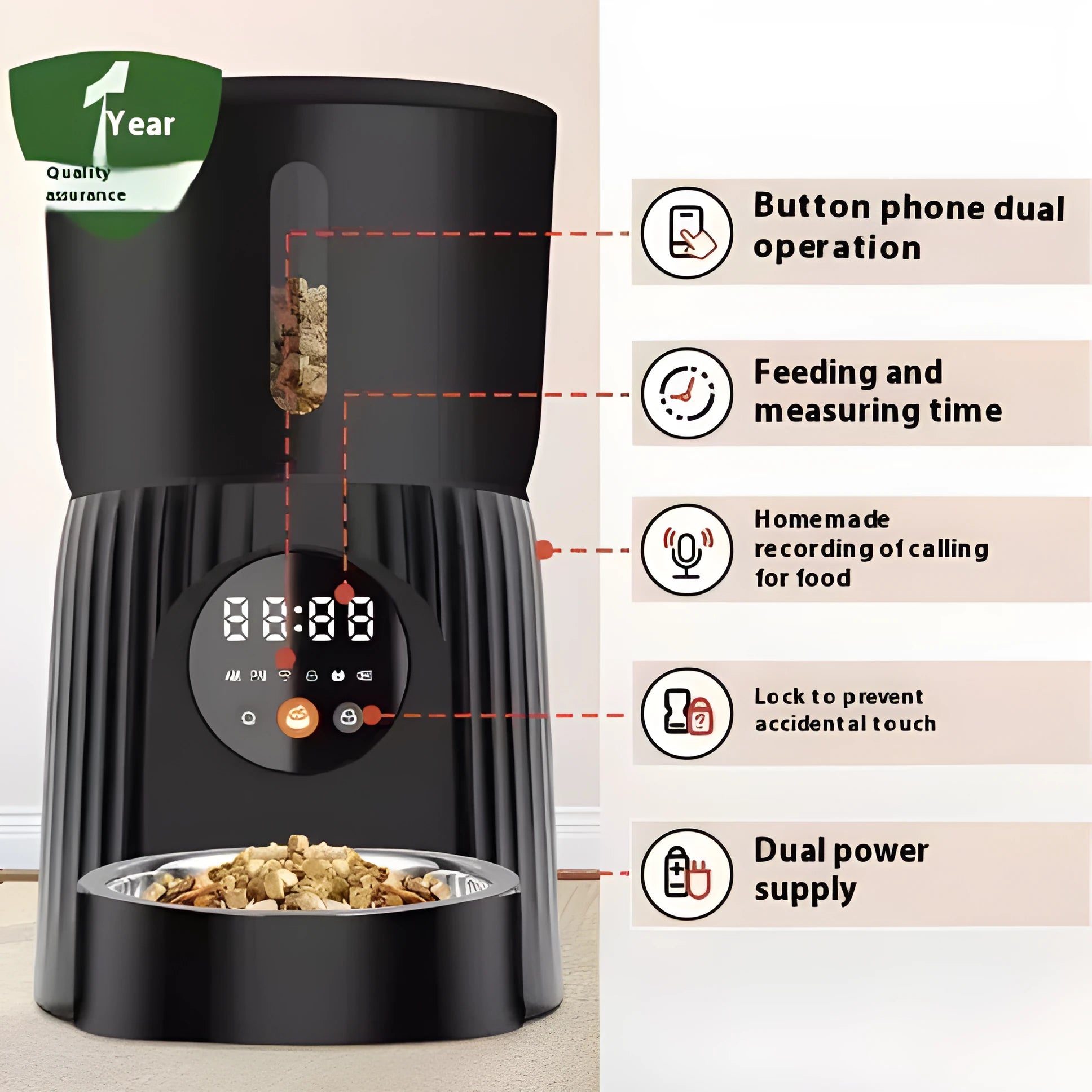 Black intelligent pet feeder with LCD screen showing feeding schedule and portion settings