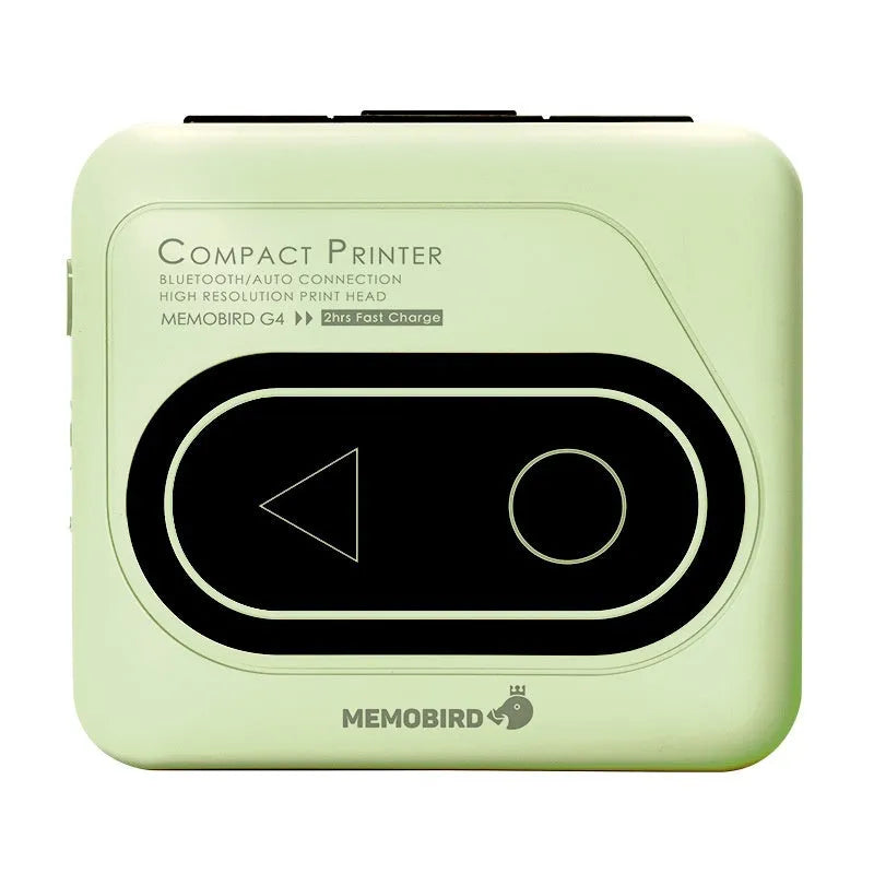 Avocado green Bluetooth thermal mini printer on a desk next to a mobile phone and printed receipt