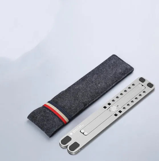 Foldable aluminium laptop stand in silver, shown open in use and closed for storage.