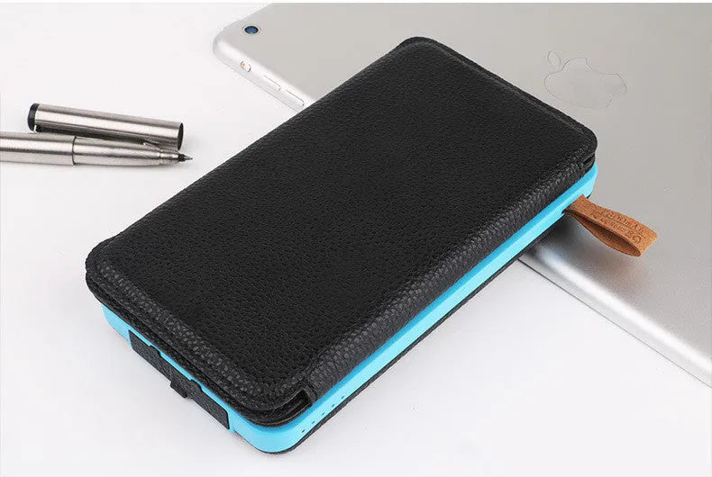 Outdoor solar phone charger with rainproof case in four colours showing solar panel and LED light