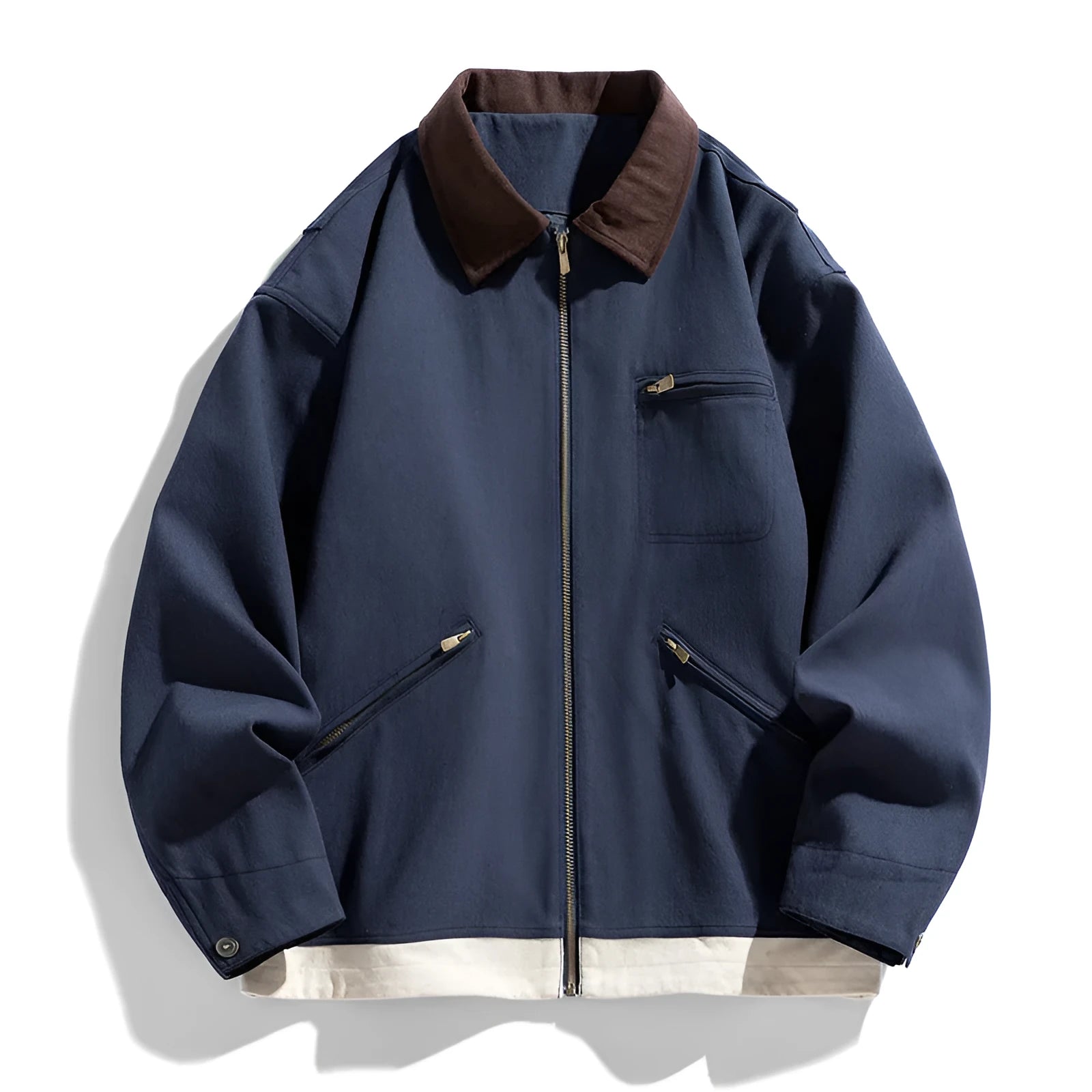 Men's American retro workwear jacket with contrast colour lapels, loose fit autumn styling