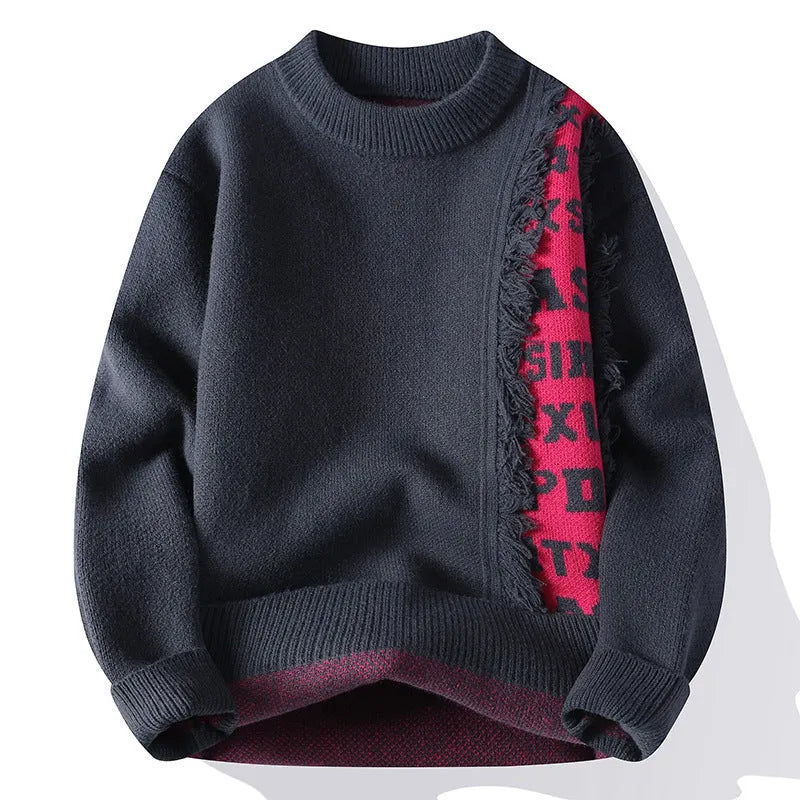 Men's loose fit knitted pullover with ribbed hemline in polyester and rabbit fur blend fabric